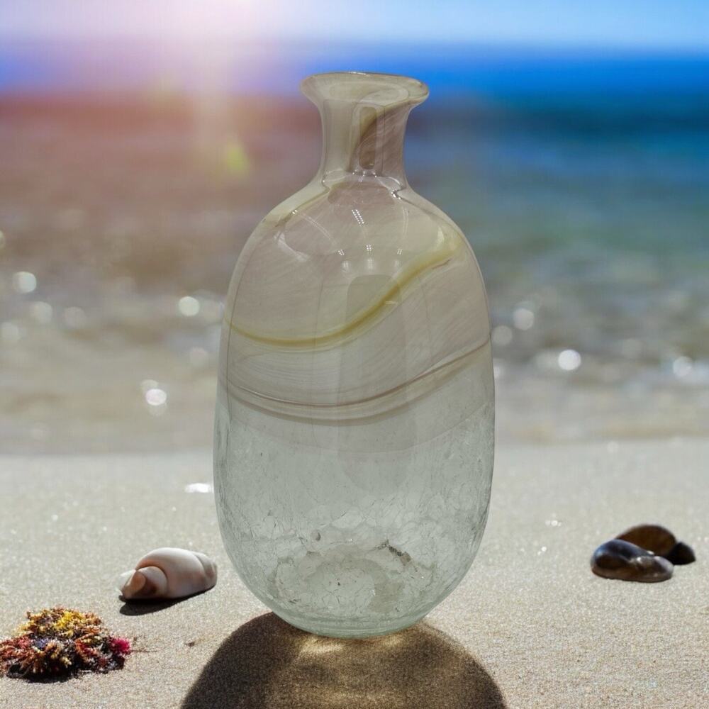 Pier1 Imports Crackle Art Glass Hand Blown Glass Vase Pink Beige Swirl 13”